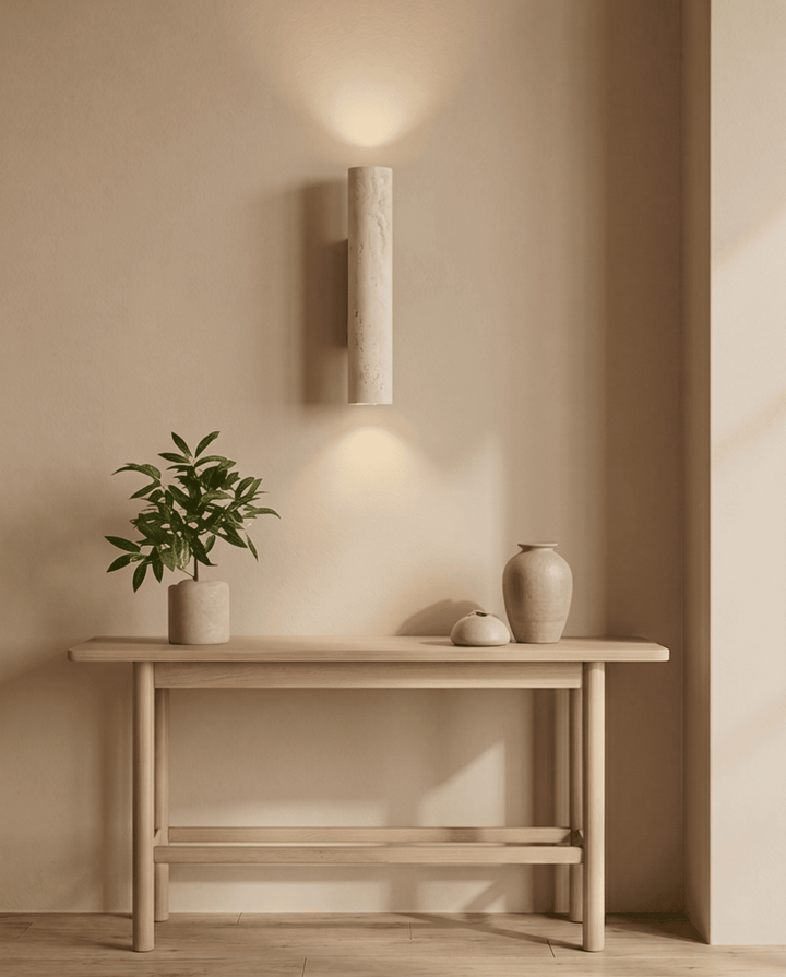 Natural Travertine Stone and Solid Wood Wall Sconce 8