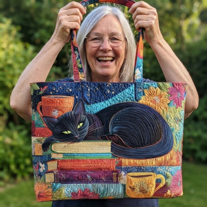 Black Cat with Books & Cups Padded Quilted Tote Bag 2