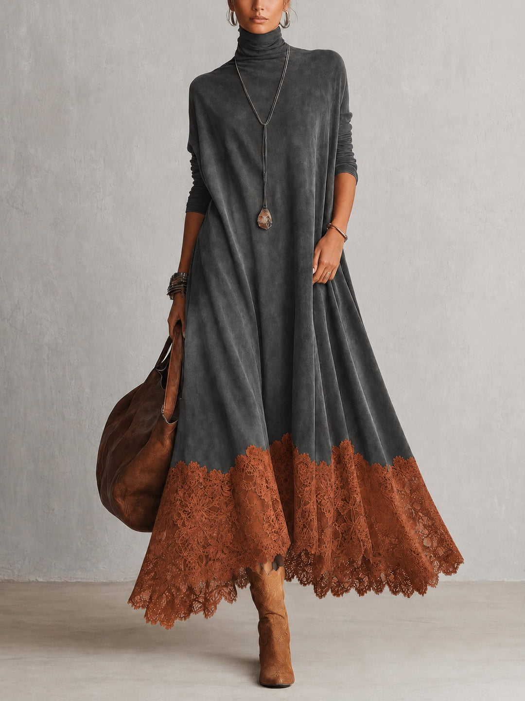 Long Faux Suede Dress with Contrast Lace Hem 10