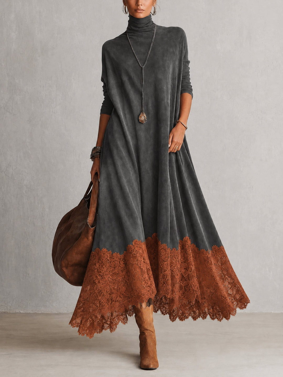 Women's Maxi Dress in Faux Suede with High Neck and Lace Hem 5