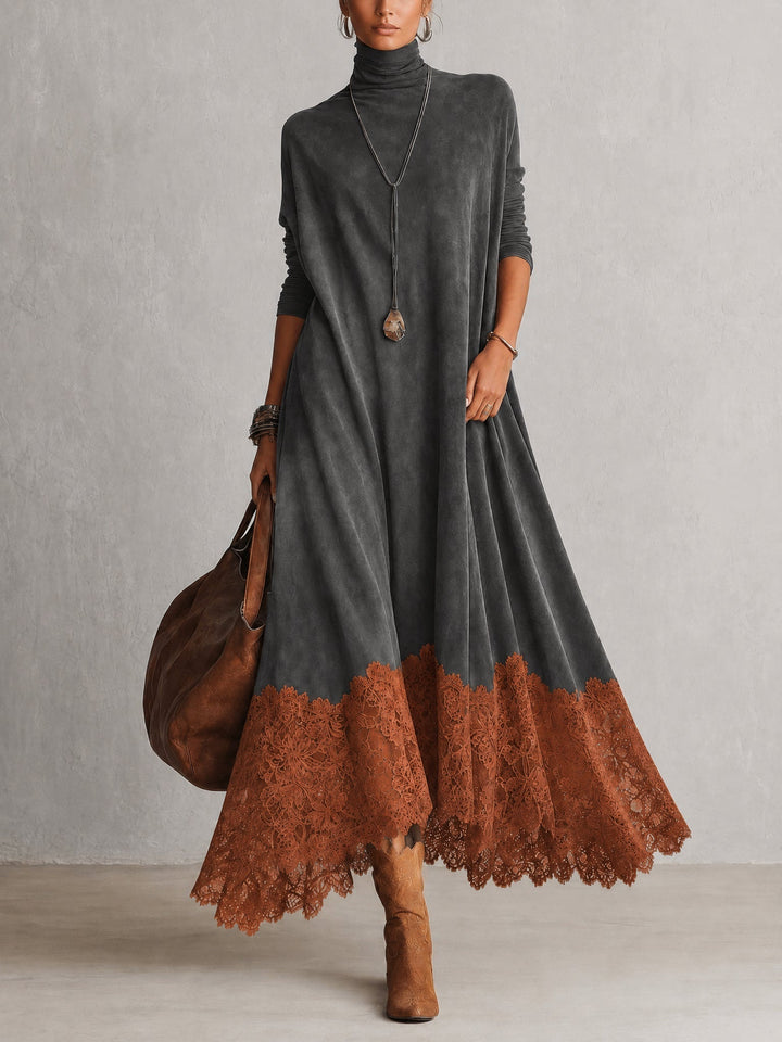 Women's Maxi Dress in Faux Suede with High Neck and Lace Hem 5