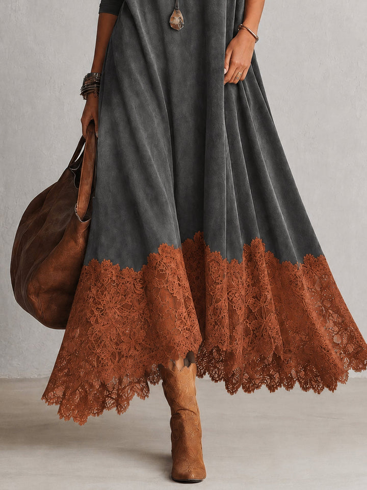 Women's Maxi Dress in Faux Suede with High Neck and Lace Hem 18