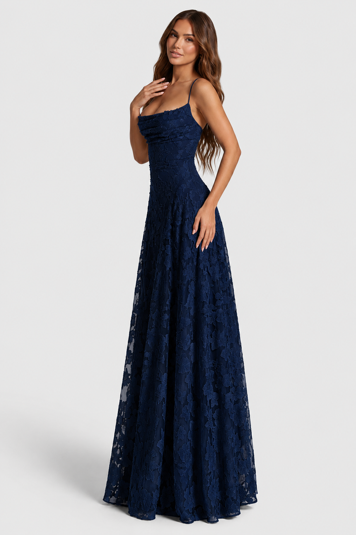 Raised 3D Floral Lace A-Line Midi-Maxi Dress with Draped Neckline 13