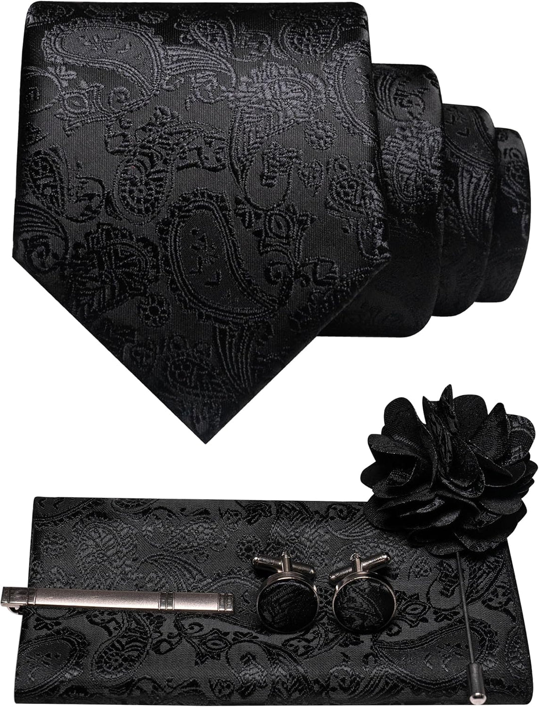Men's Paisley Tie Set with Pocket Square, Cufflinks, Tie Clip and Lapel Brooch 37