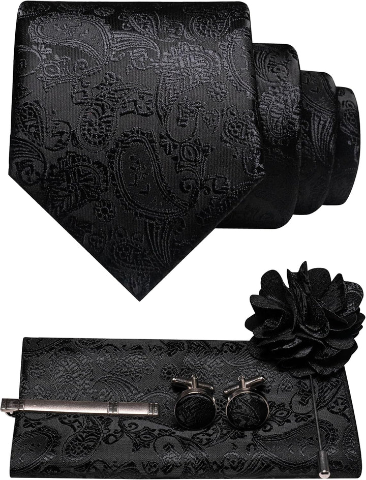 Men's Paisley Tie Set with Pocket Square, Cufflinks, Tie Clip and Lapel Brooch 37