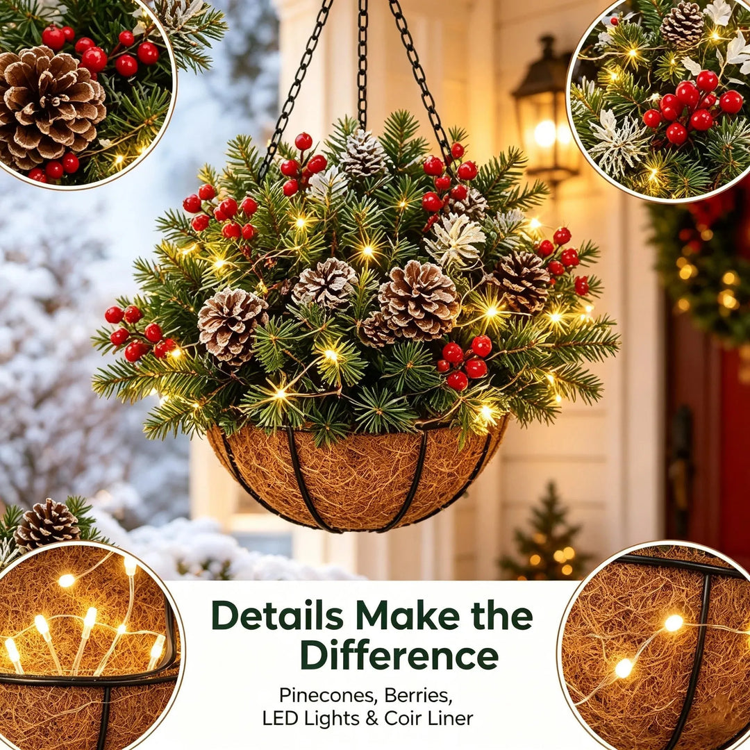 Prelit Hanging Christmas Basket, Battery Powered, 17.7 x 11.8 in 3