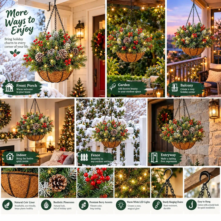 Prelit Hanging Christmas Basket, Battery Powered, 17.7 x 11.8 in 5