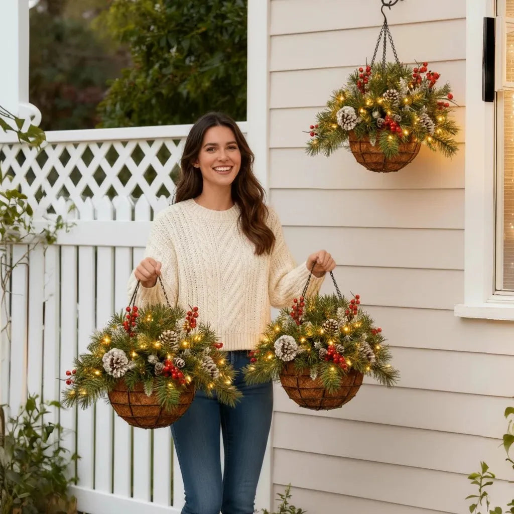 Prelit Hanging Christmas Basket, Battery Powered, 17.7 x 11.8 in 6