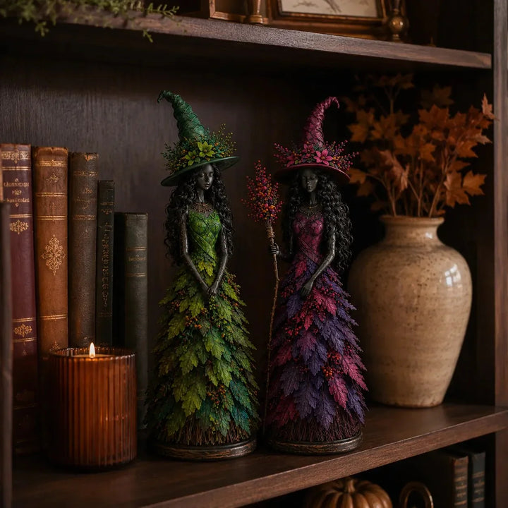 Handmade Autumn Witch Figurine with Hand-Painted Leaf Details 4