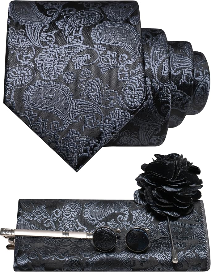 Men's Paisley Tie Set with Pocket Square, Cufflinks, Tie Clip and Lapel Brooch 36
