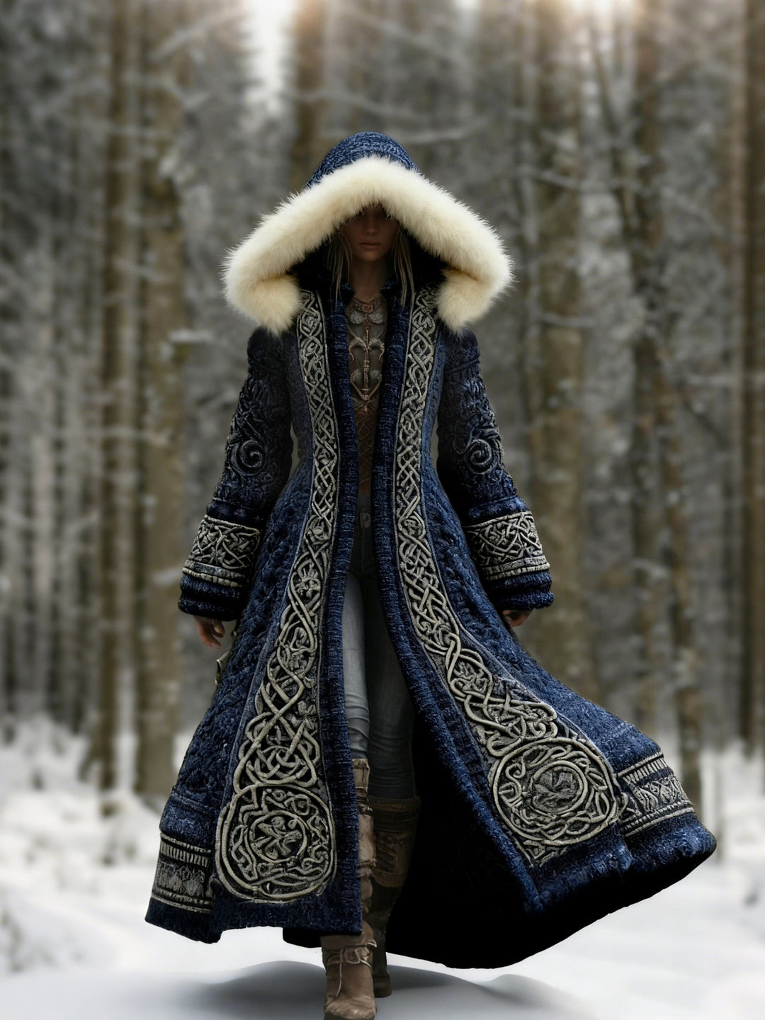Women's Embroidered Hooded Winter Coat, Flared Maxi Length with Long Sleeves 2
