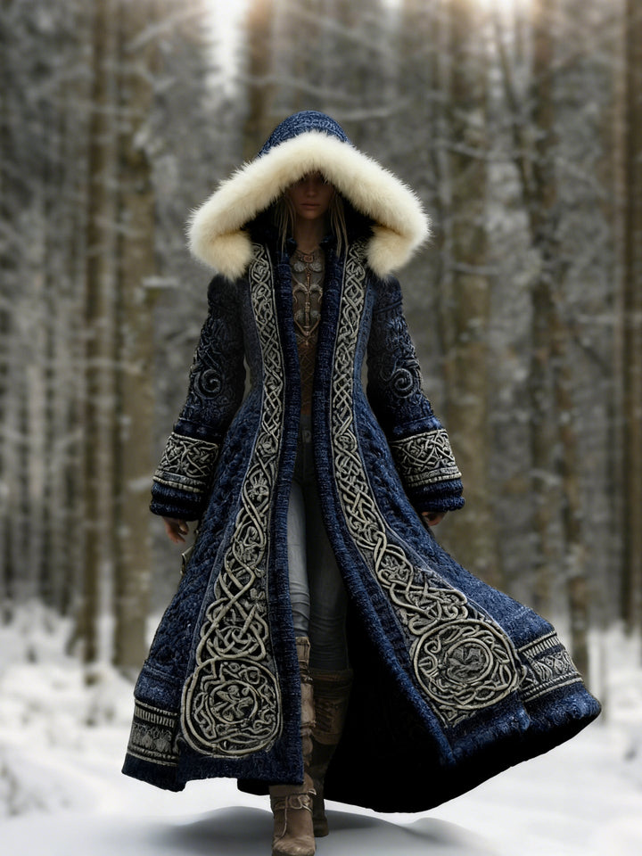 Women's Embroidered Hooded Winter Coat, Flared Maxi Length with Long Sleeves 2