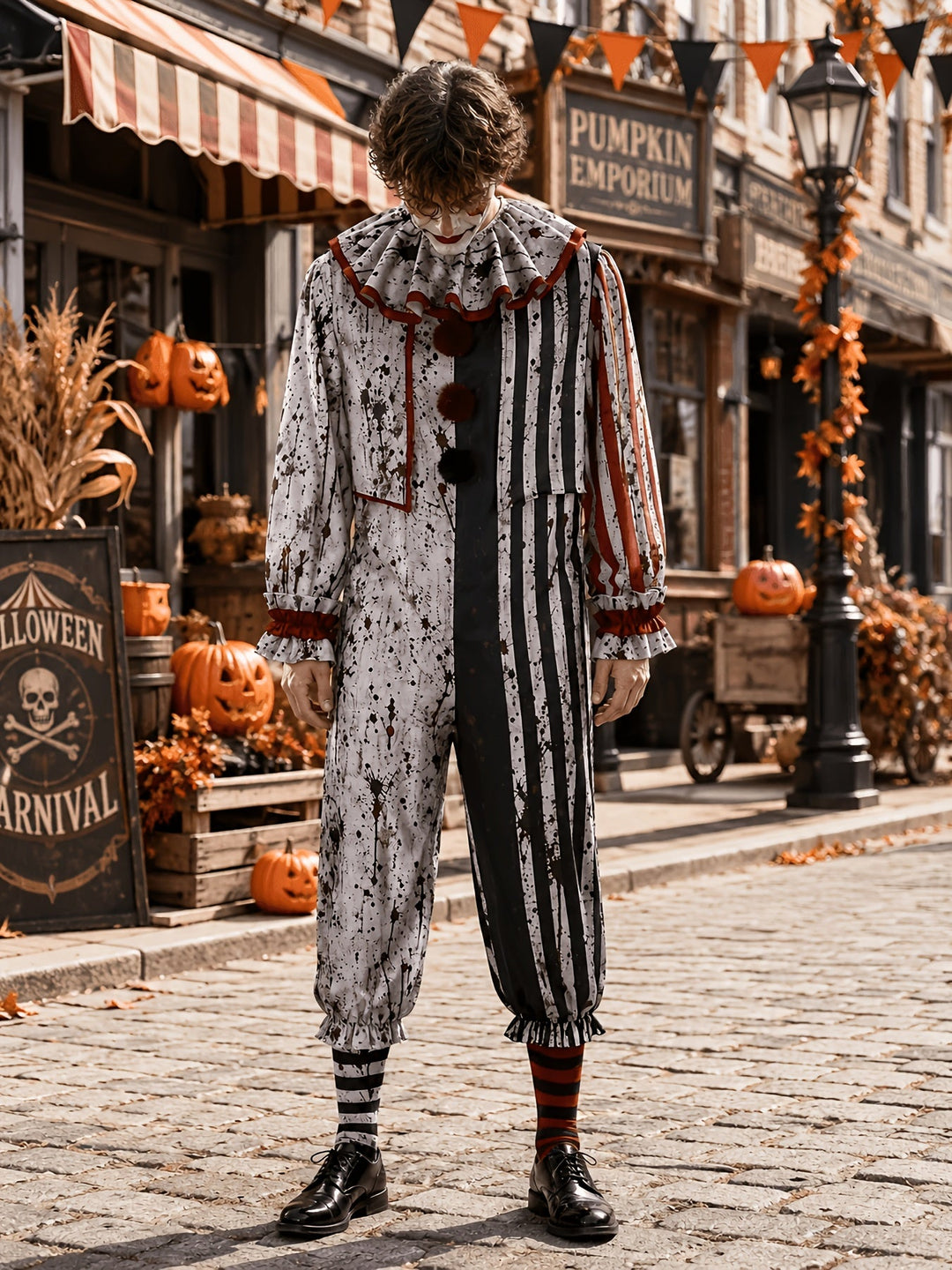 Men's Halloween Horror Clown Jumpsuit Costume with Ruffled Collar 1
