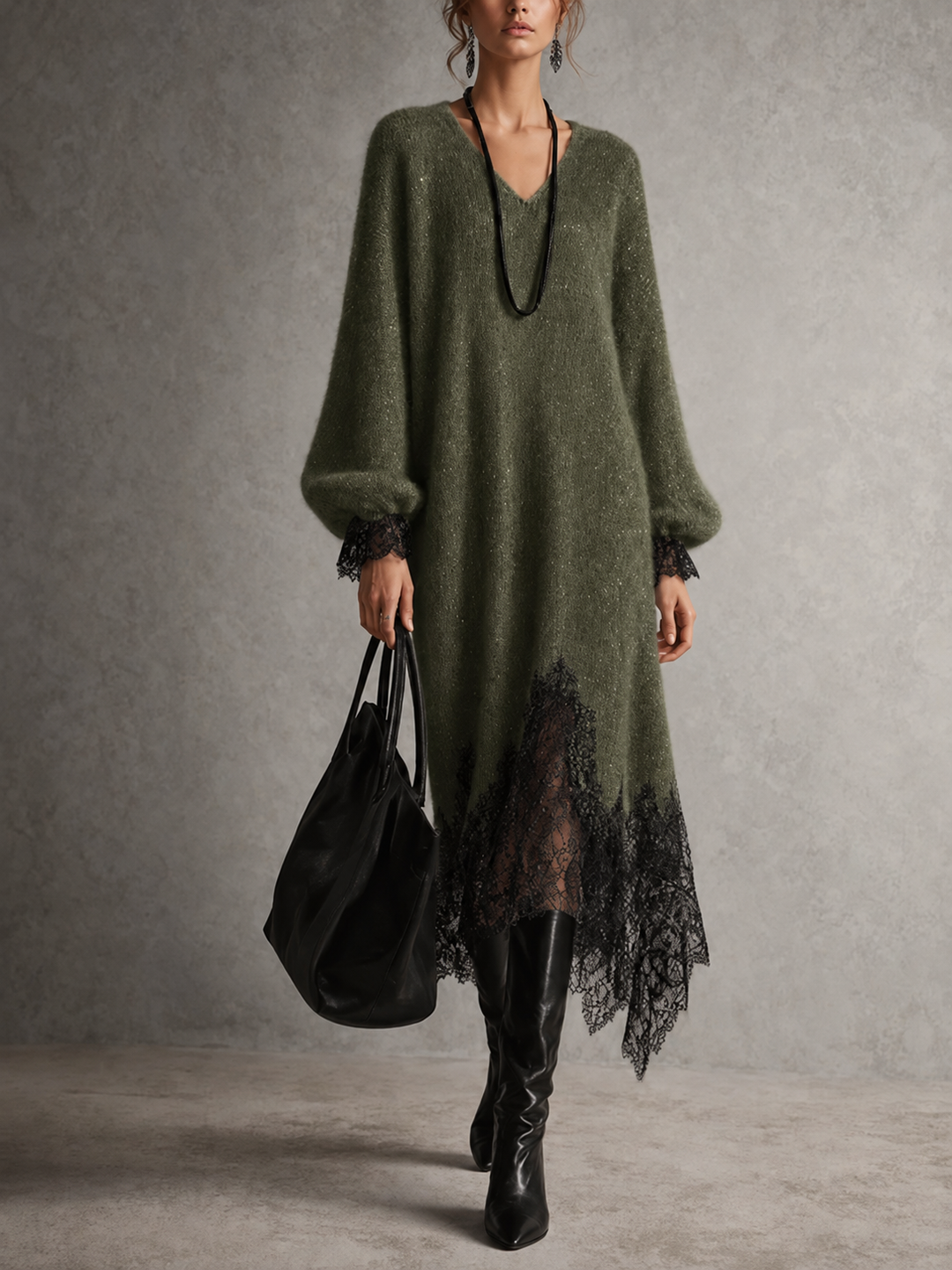 Shimmer Knit Sweater Dress with Lace Hem, V-Neck and Puff Sleeves 10