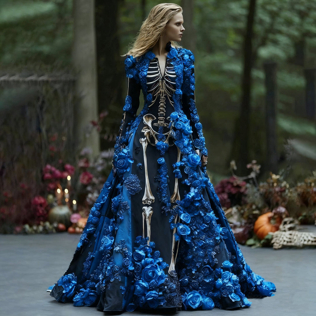 Women's Halloween Skeleton Floral Long Sleeve Maxi Dress for Parties 3
