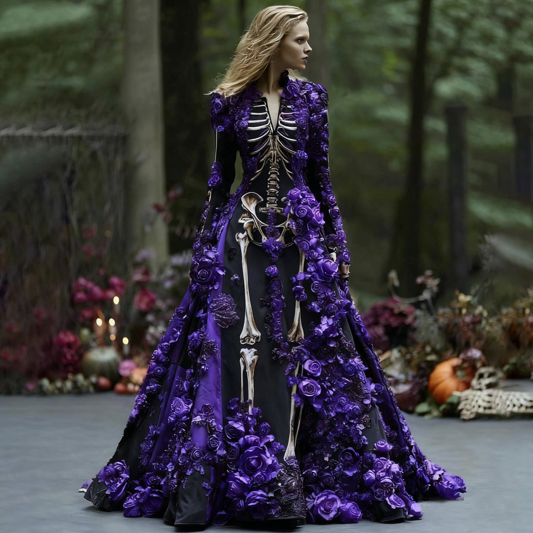 Women's Halloween Skeleton Floral Long Sleeve Maxi Dress for Parties 6