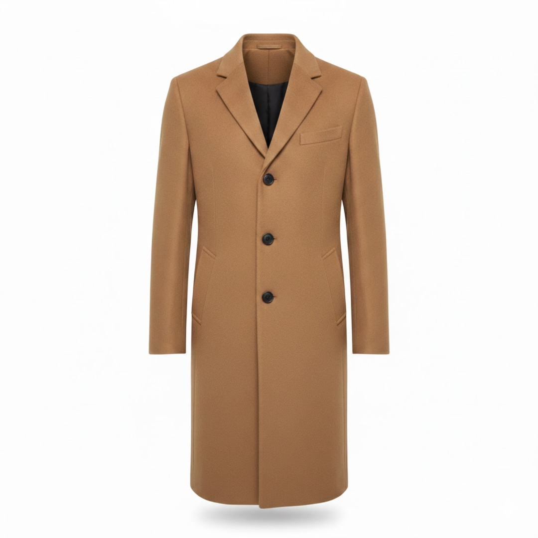 Men's Long Coat with Notch Lapel, Single Button Closure, Modern Slim Fit 6