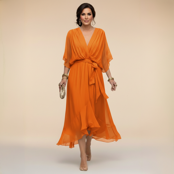 Elegant Flowy Midi Dress for Women – V-Neck & Adjustable Waist 8