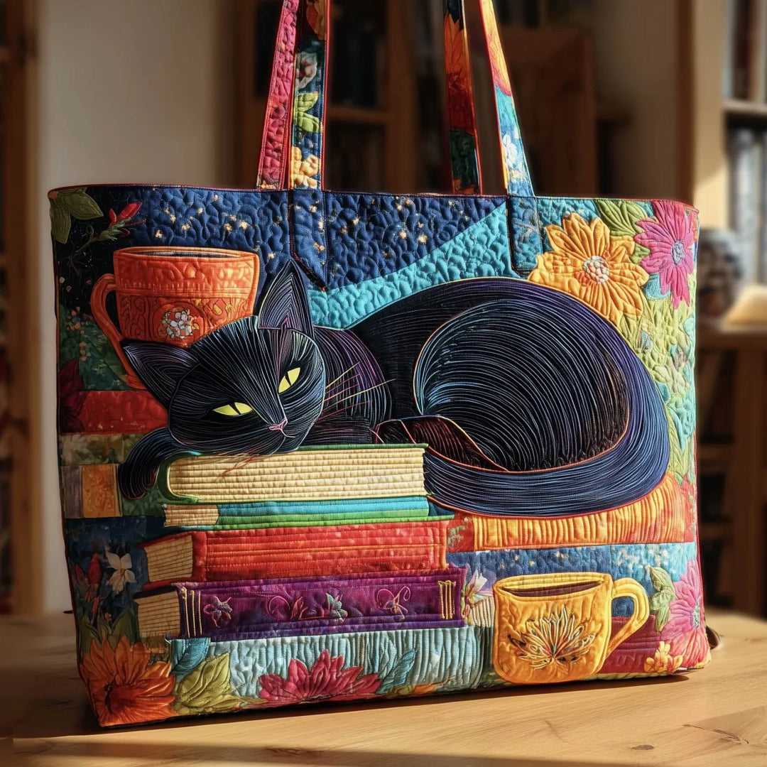 Black Cat with Books & Cups Padded Quilted Tote Bag 1