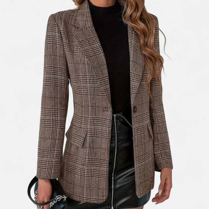 Women's Single-Breasted Plaid Blazer, Tailored Fit, Brown 1