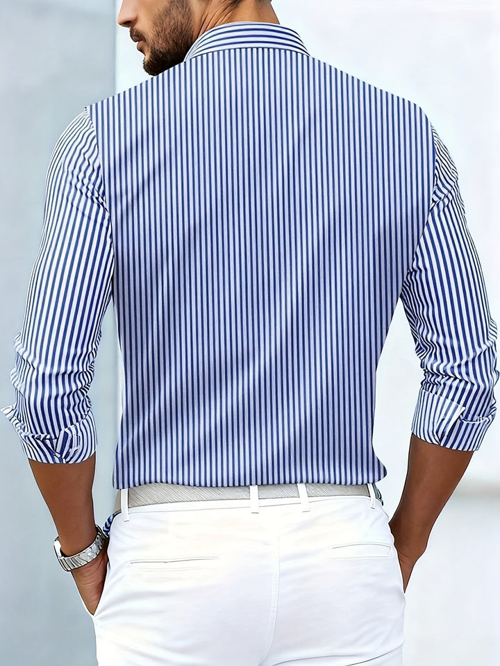 Men's Vintage Striped Long-Sleeve Button-Up Shirt with Worn-In Look 8