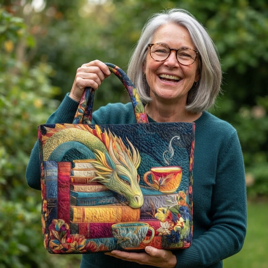 Quilted Tote Bag with Book, Dragon and Tea Print, Machine Washable 2