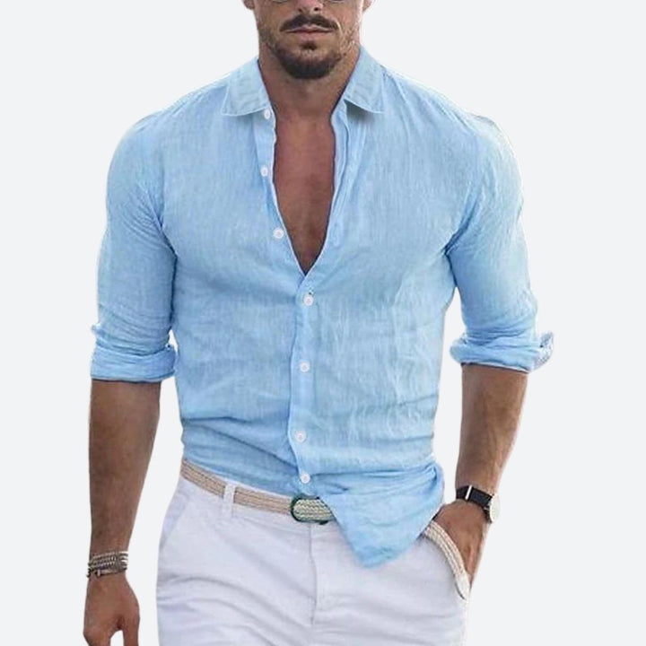 Men's Slim Fit Linen Shirt Open Collar Summer Button-Up 4
