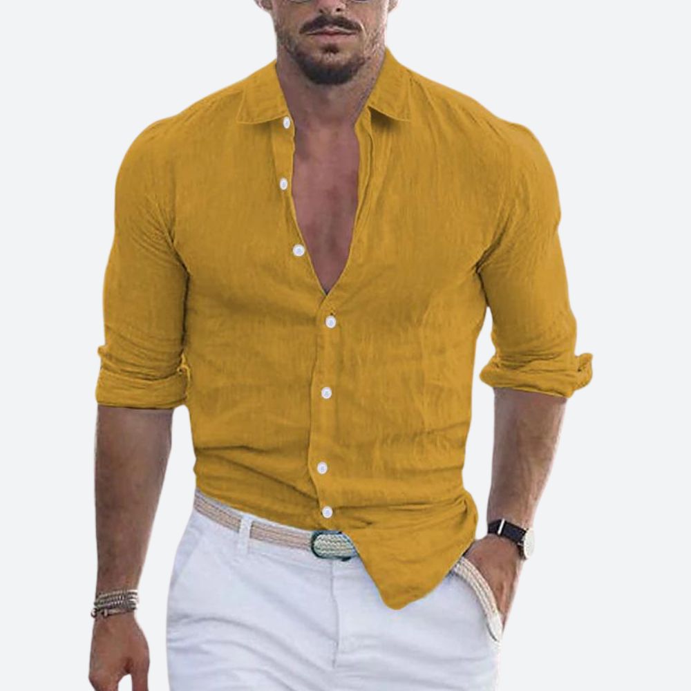 Men's Slim Fit Linen Shirt Open Collar Summer Button-Up 2