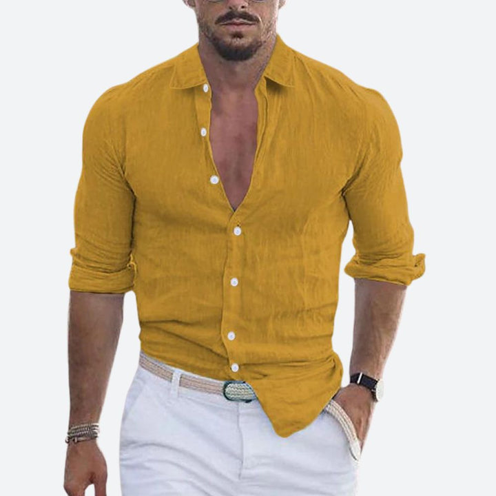 Men's Slim Fit Linen Shirt Open Collar Summer Button-Up 2