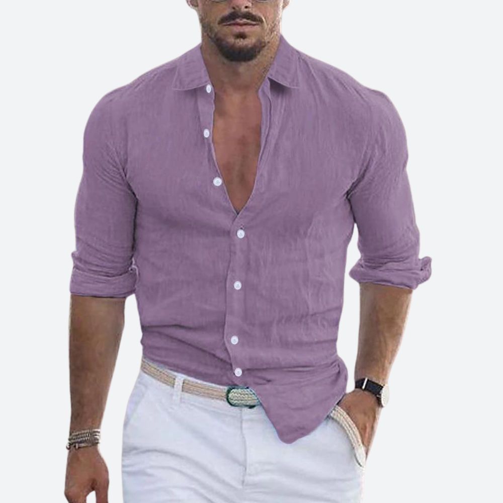 Men's Slim Fit Linen Shirt Open Collar Summer Button-Up 9
