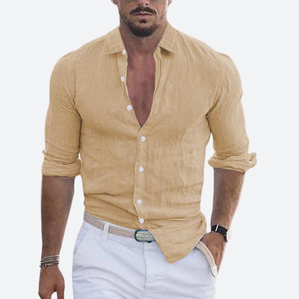 Men's Slim Fit Linen Shirt Open Collar Summer Button-Up 8