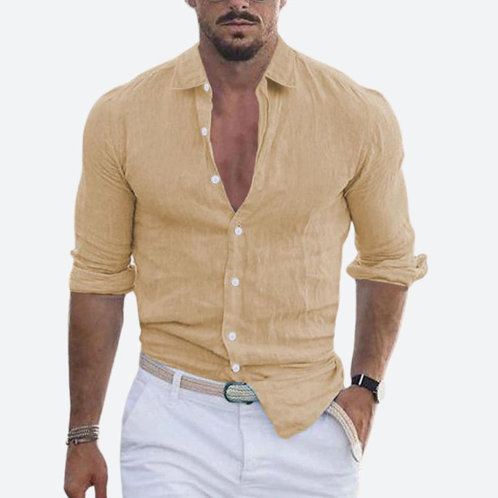 Men's Slim Fit Linen Shirt Open Collar Summer Button-Up 8