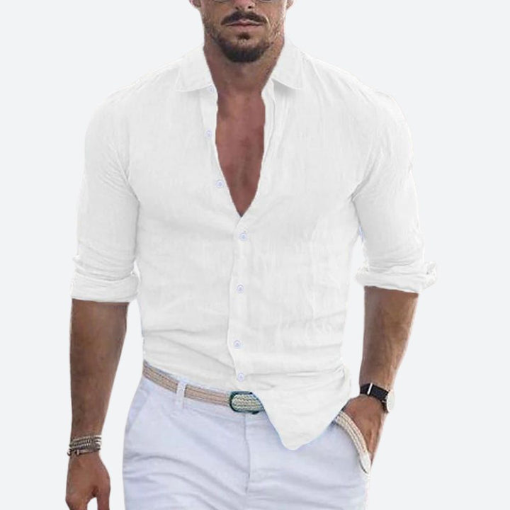 Men's Slim Fit Linen Shirt Open Collar Summer Button-Up 5