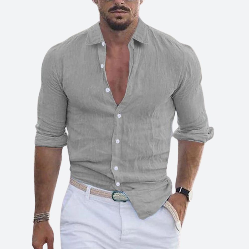 Men's Slim Fit Linen Shirt Open Collar Summer Button-Up 6