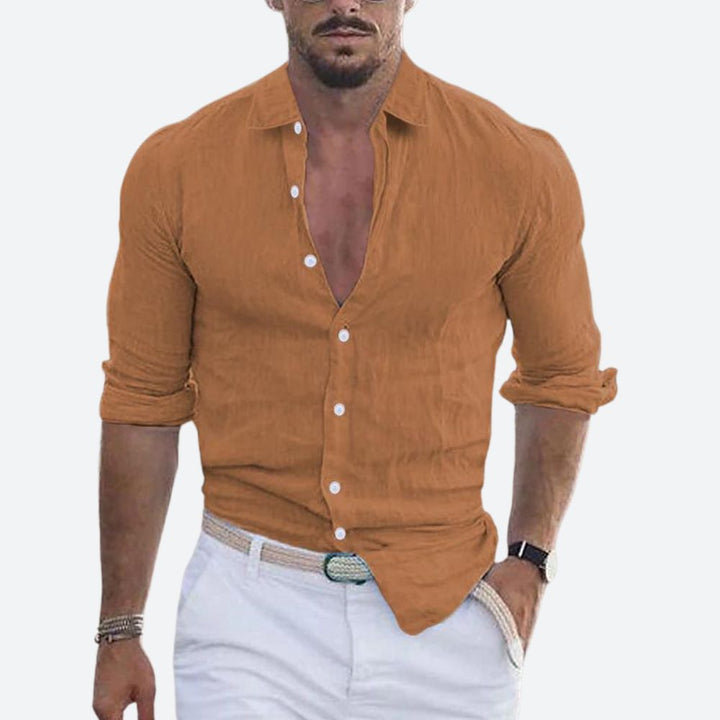 Men's Slim Fit Linen Shirt Open Collar Summer Button-Up 3