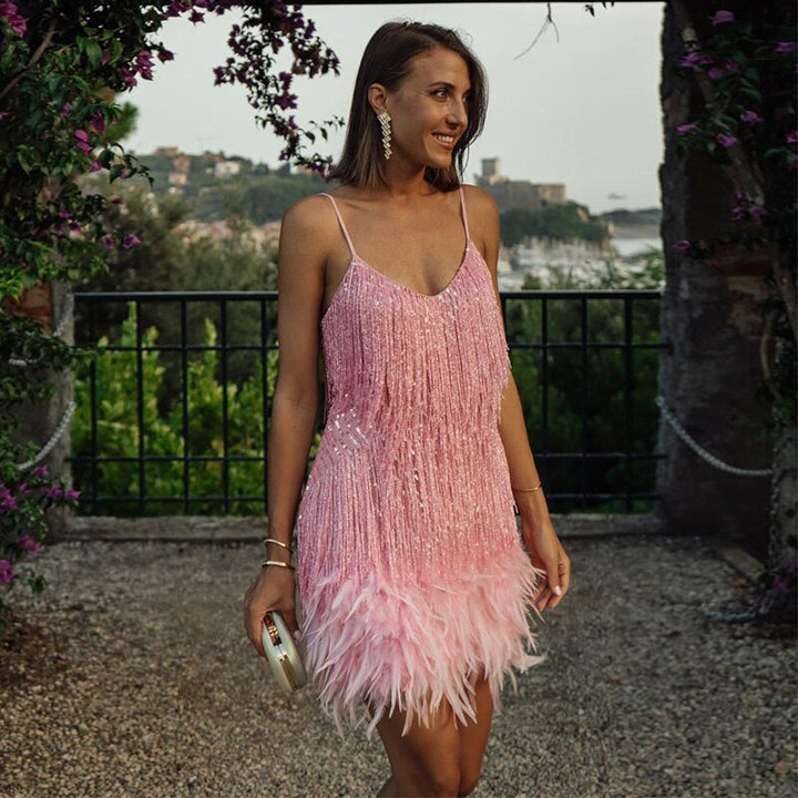 Sequin Mini Dress with Feather Trim for Parties and Evenings 1