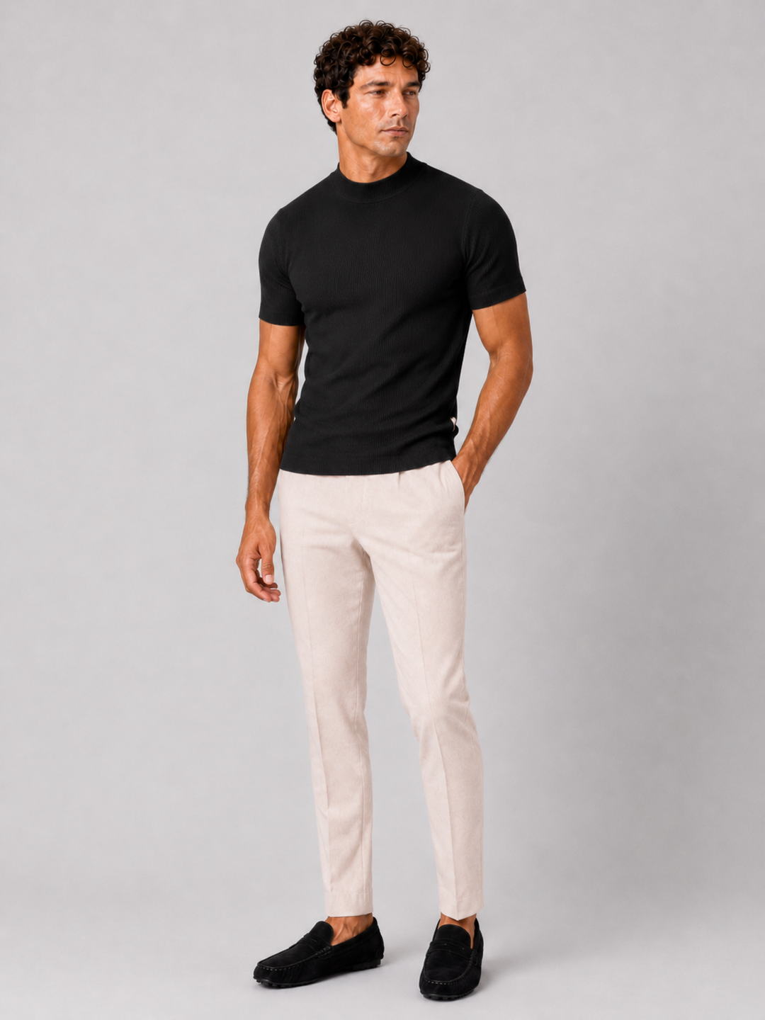 Men's Mock Neck Ribbed T-Shirt Fitted Stretch Short Sleeve Top 18