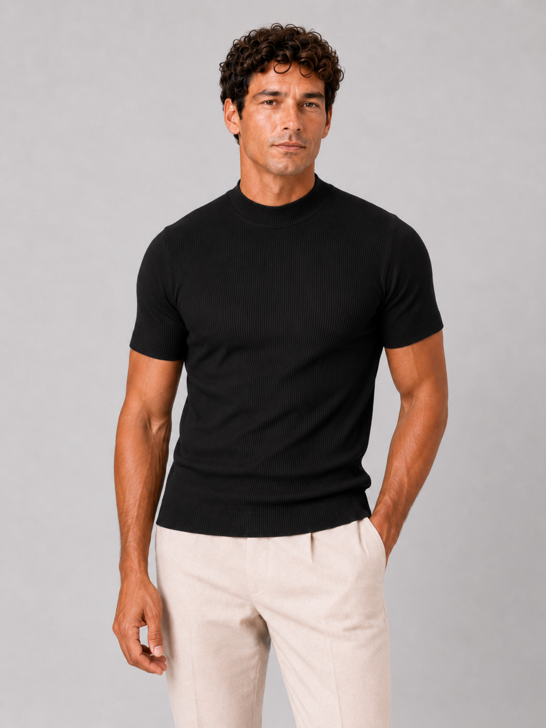 Men's Mock Neck Ribbed T-Shirt Fitted Stretch Short Sleeve Top 16