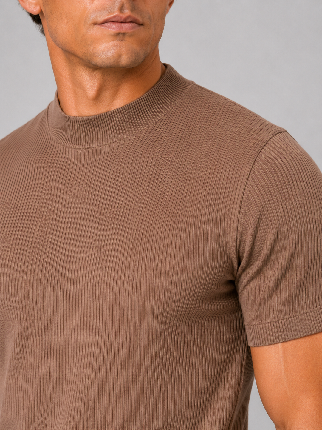 Men's Mock Neck Ribbed T-Shirt Fitted Stretch Short Sleeve Top 2
