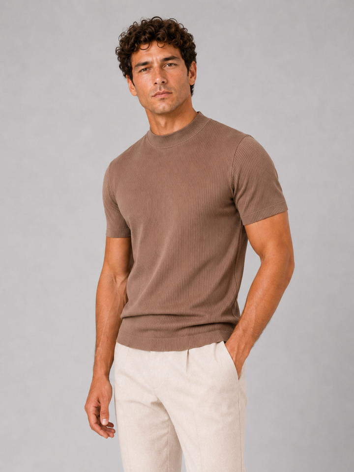Men's Mock Neck Ribbed T-Shirt Fitted Stretch Short Sleeve Top 1