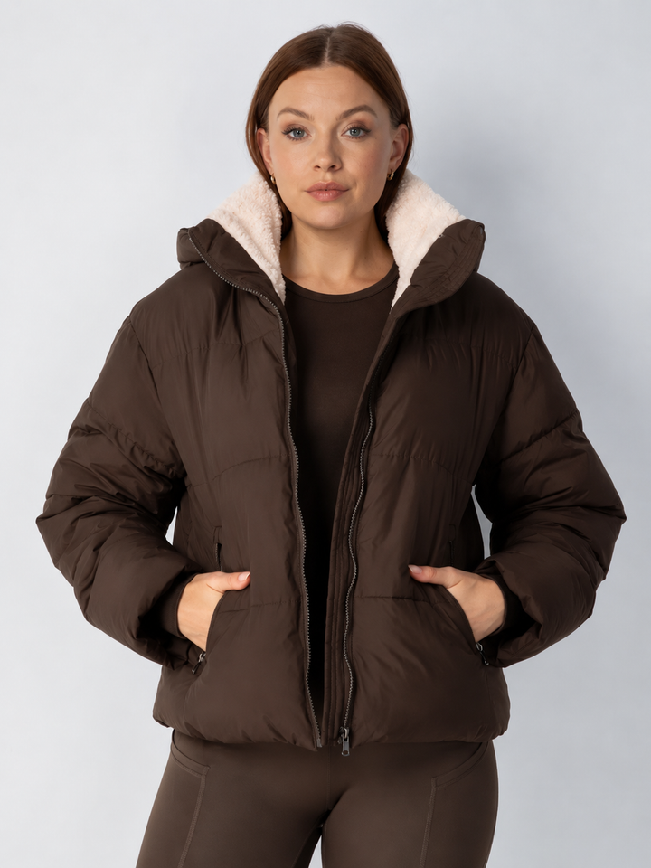 Women's Cropped Padded Puffer Jacket with Detachable Hood and Fleece Lining 14