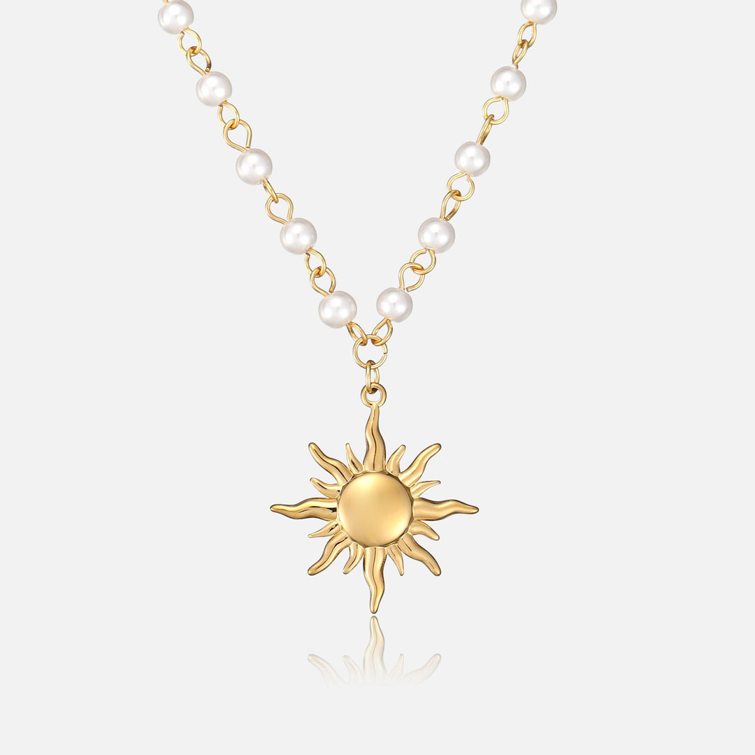 Golden Sun Pendant Necklace with Luminous Pearl Chain 1