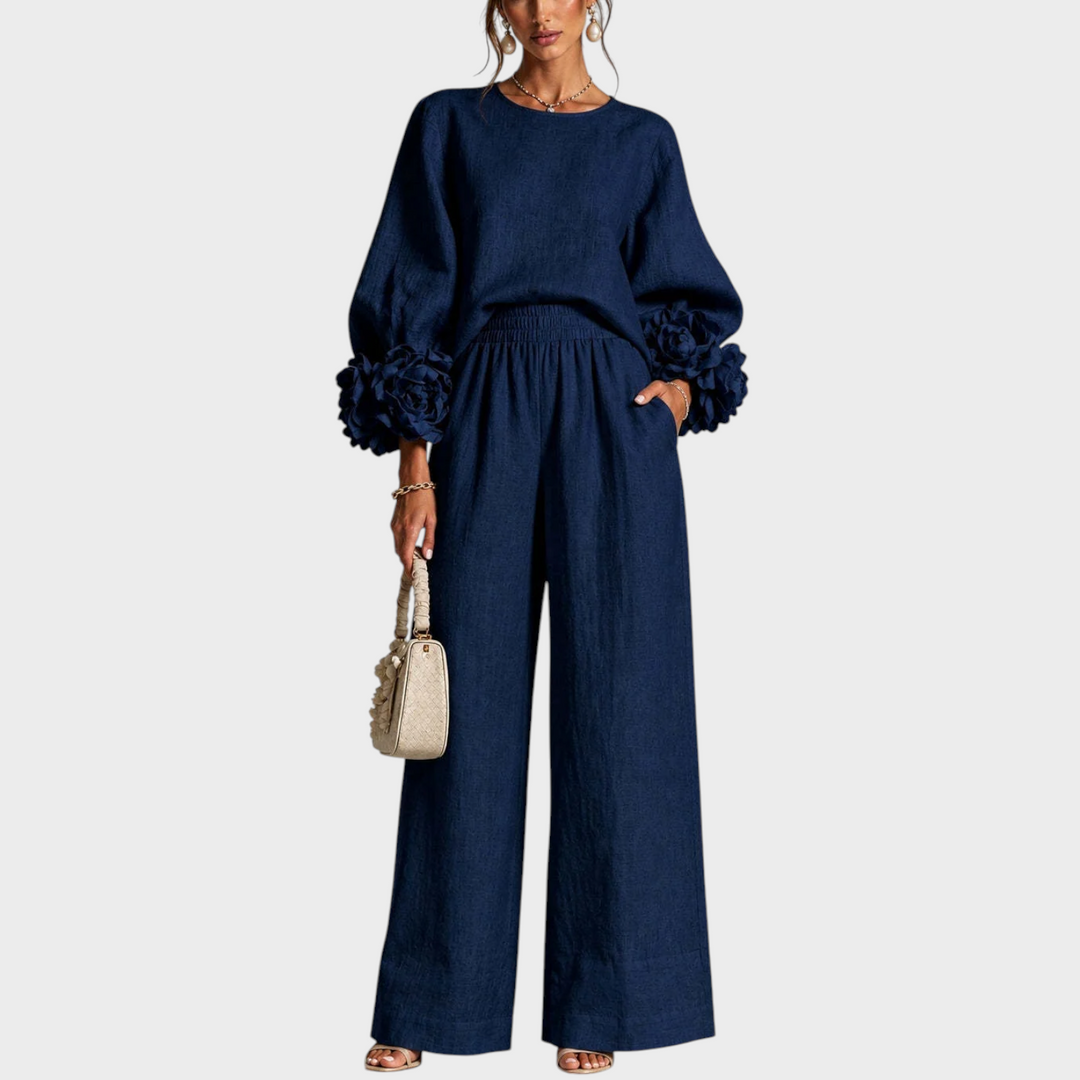 Floral Two-Piece Set with Embellished Top and Wide-Leg High-Waist Pants 2