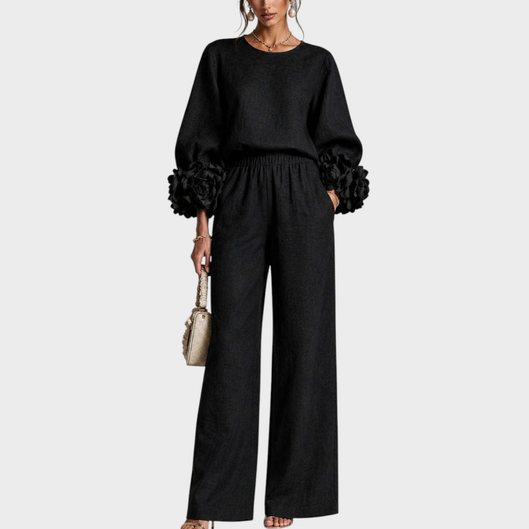 Floral Two-Piece Set with Embellished Top and Wide-Leg High-Waist Pants 3