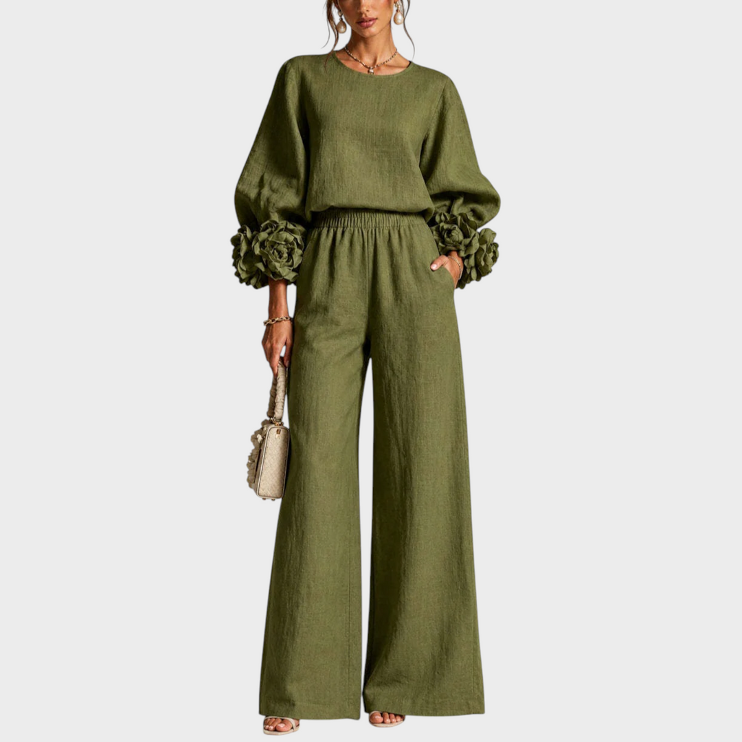 Floral Two-Piece Set with Embellished Top and Wide-Leg High-Waist Pants 4
