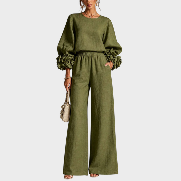 Floral Two-Piece Set with Embellished Top and Wide-Leg High-Waist Pants 4