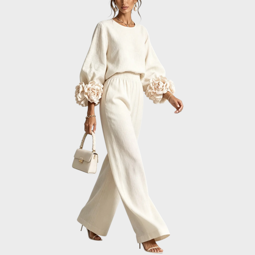 Floral Two-Piece Set with Embellished Top and Wide-Leg High-Waist Pants 5