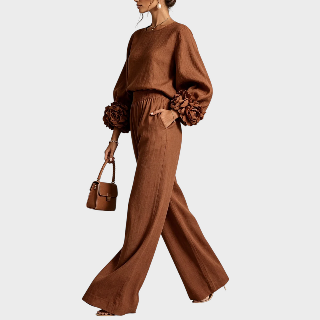 Floral Two-Piece Set with Embellished Top and Wide-Leg High-Waist Pants 6