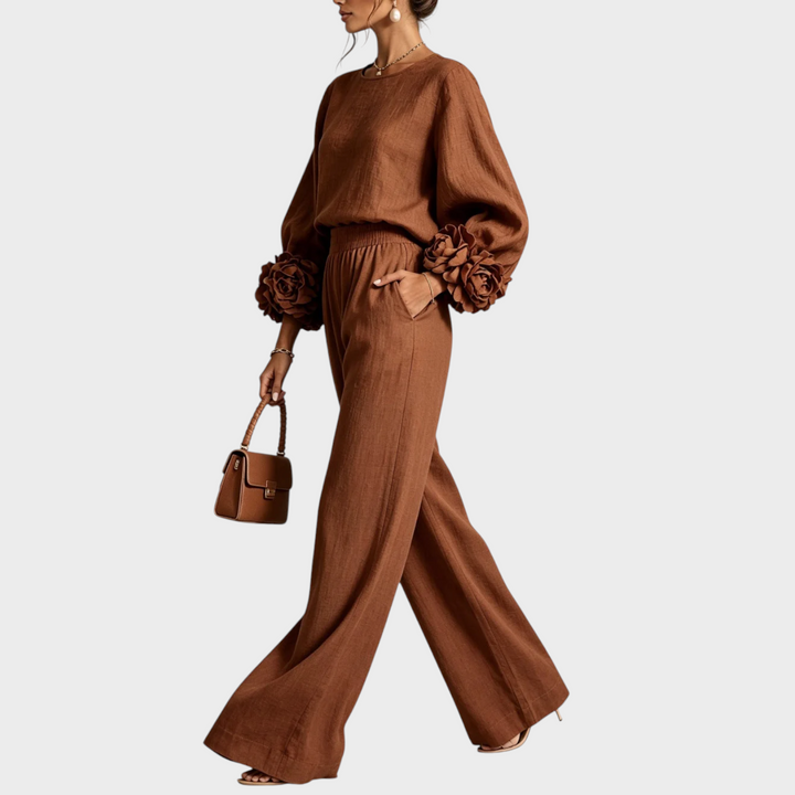Floral Two-Piece Set with Embellished Top and Wide-Leg High-Waist Pants 6