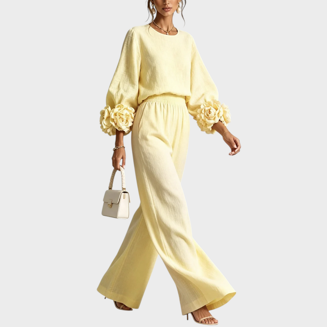 Floral Two-Piece Set with Embellished Top and Wide-Leg High-Waist Pants 7